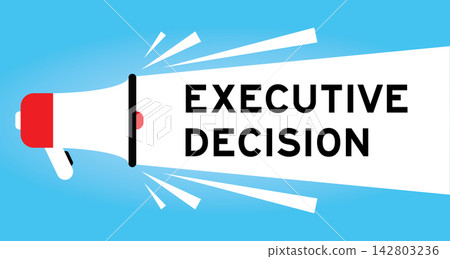 Color megaphone icon with word executive decision in white banner on blue background Color megaphone icon with word executive decision in white banner on blue background 142803236