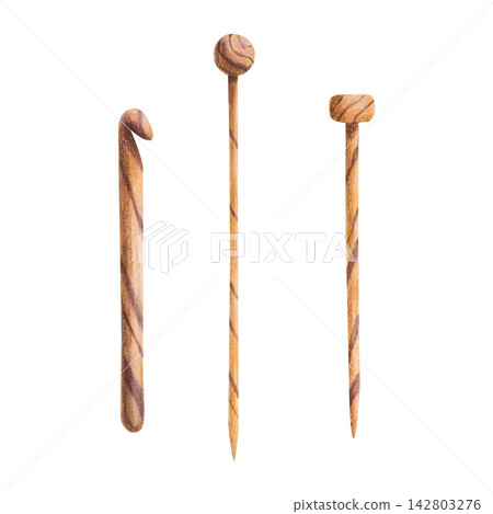 Wooden crochet tool and knitting needles hand drawn Isolated watercolor art. Knitting and crocheting accessory for handmade needlework, handicraft branding, knitwork equipment, studio and workshop. Wooden crochet tool and knitting needles hand drawn Isolated watercolor art. Knitting and crocheting accessory for handmade needlework, handicraft branding, knitwork equipment, studio and workshop. 142803276