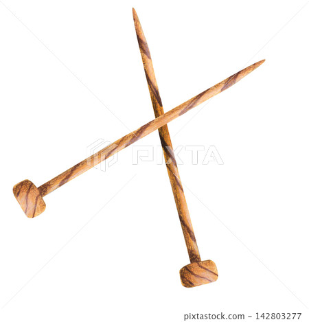 Wooden knitting needles crossed hand drawn Isolated watercolor Illustration. Knitting accessory for handmade needlework, hand craft branding, knitting studio, workshop advertising, and cozy hobby. Wooden knitting needles crossed hand drawn Isolated watercolor Illustration. Knitting accessory for handmade needlework, hand craft branding, knitting studio, workshop advertising, and cozy hobby. 142803277