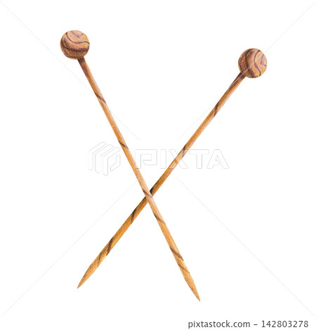Two Wooden knitting needles crossed hand drawn watercolor art. Knitting accessory for handmade needlework, handicraft branding, knitwork, knitting studio, workshop advertising, and cozy hobby. Two Wooden knitting needles crossed hand drawn watercolor art. Knitting accessory for handmade needlework, handicraft branding, knitwork, knitting studio, workshop advertising, and cozy hobby. 142803278