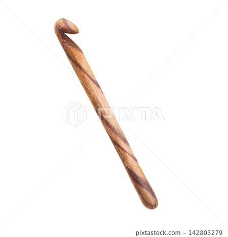 Wooden crochet tool hand drawn Isolated watercolor illustration. Knitting and crocheting accessory for handmade needlework, craft branding, knitwork studio, workshop advertising and cozy hobby object. Wooden crochet tool hand drawn Isolated watercolor illustration. Knitting and crocheting accessory for handmade needlework, craft branding, knitwork studio, workshop advertising and cozy hobby object. 142803279