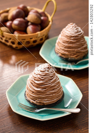 Mont Blanc made with Japanese chestnuts served on a plate Mont Blanc made with Japanese chestnuts served on a plate 142803292