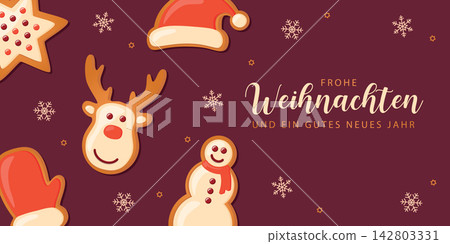 christmas greeting card with gingerbread cookies decoration vector illustration 142803331
