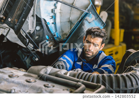 Hispanic Mechanic Truck Car Service Maintenance Auto Repair Garage Workshop Technician Worker Hispanic Mechanic Truck Car Service Maintenance Auto Repair Garage Workshop Technician Worker 142803552