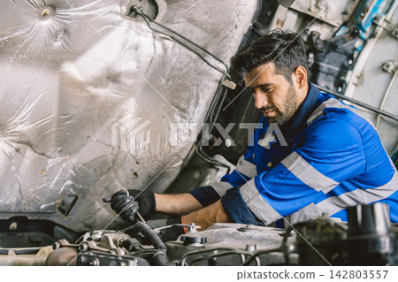 Hispanic Mechanic Truck Car Service Maintenance Auto Repair Garage Workshop Technician Worker Hispanic Mechanic Truck Car Service Maintenance Auto Repair Garage Workshop Technician Worker 142803557