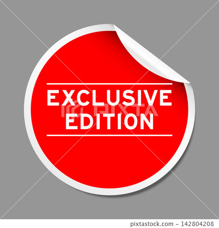 Red color peel sticker label with word exclusive edition on gray background 142804208