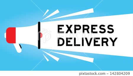 Color megaphone icon with word express delivery in white banner on blue background 142804209