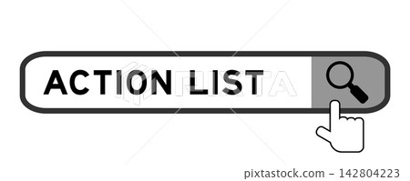 Search banner in word actioin list with hand over magnifier icon on white background Search banner in word actioin list with hand over magnifier icon on white background 142804223