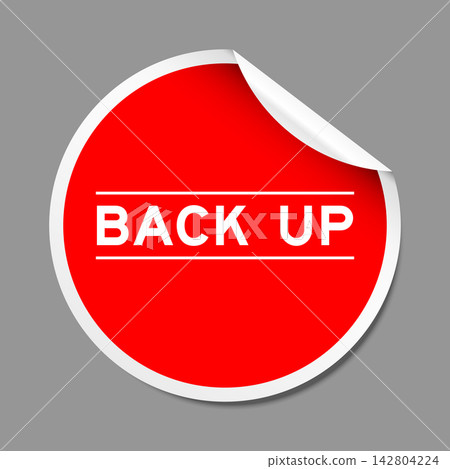 Red color peel sticker label with word back up on gray background Red color peel sticker label with word back up on gray background 142804224