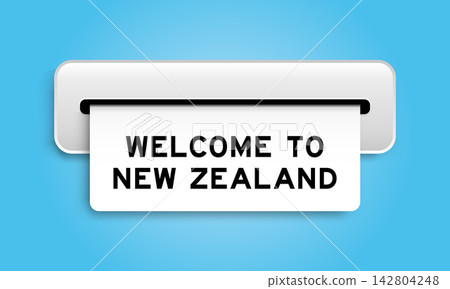 White coupon banner with word welcome to new zealand from machine on blue color background 142804248