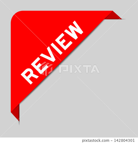 Red color of corner label banner with word review on gray background Red color of corner label banner with word review on gray background 142804301