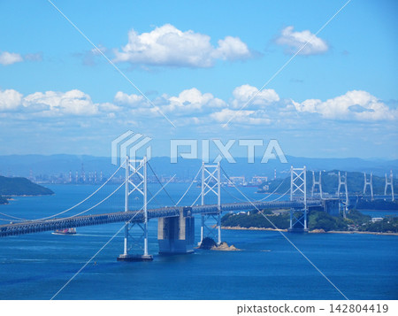 The Seto Ohashi Bridge (a bridge connecting Okayama and Kagawa prefectures) spans the Seto Inland Sea against a backdrop of blue sky. The Seto Ohashi Bridge (a bridge connecting Okayama and Kagawa prefectures) spans the Seto Inland Sea against a backdrop of blue sky. 142804419