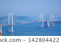 The Seto Ohashi Bridge (a bridge connecting Okayama and Kagawa prefectures) spans the Seto Inland Sea against a backdrop of blue sky. 142804422