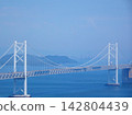 The Seto Ohashi Bridge (a bridge connecting Okayama and Kagawa prefectures) spans the Seto Inland Sea against a backdrop of blue sky. 142804439
