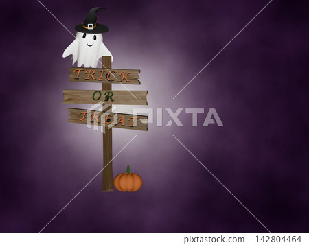 Halloween cute ghost and rickety old wooden signpost in foggy purple background Halloween cute ghost and rickety old wooden signpost in foggy purple background 142804464