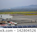 An ANA passenger aircraft landing on the runway at Takamatsu Airport, along with ground handling facilities (Kagawa Prefecture). 142804526