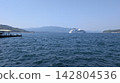 遠處可以看到一艘大型遊輪航行在蔚藍的大海上，景色優美。 142804536