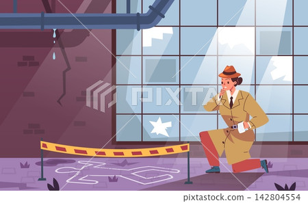 Woman detective crime scene. Female investigator investigating murder, police inspector research criminal place looking evidence sleuth cartoon background vector illustration Woman detective crime scene. Female investigator investigating murder, police inspector research criminal place looking evidence sleuth cartoon background vector illustration 142804554