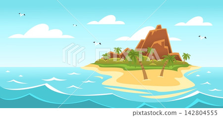 Uninhabited island in ocean. Sea sand beach, rock palm sky cloud water tropic paradise empty desert landscape isle seaside heaven summer holiday cartoon vector illustration Uninhabited island in ocean. Sea sand beach, rock palm sky cloud water tropic paradise empty desert landscape isle seaside heaven summer holiday cartoon vector illustration 142804555