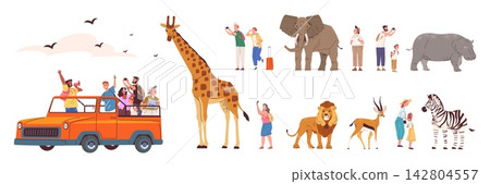 Safari tour. Africa savanna animals and tourist people cartoon characters, african adventure travel road car jeep truck elephant giraffe zebra wildlife nature vector illustration Safari tour. Africa savanna animals and tourist people cartoon characters, african adventure travel road car jeep truck elephant giraffe zebra wildlife nature vector illustration 142804557