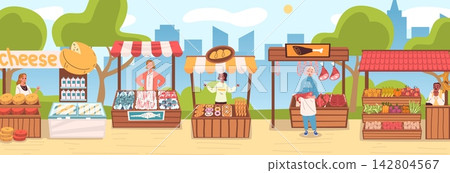 Outdoor farmers market. Vendor stall organic food shop, street local fair fresh produce bread fish vegetable meat butcher dairy family garden bazaar marketplace vector illustration Outdoor farmers market. Vendor stall organic food shop, street local fair fresh produce bread fish vegetable meat butcher dairy family garden bazaar marketplace vector illustration 142804567