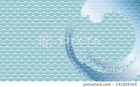 Japanese pattern: A background with blue circles and a wave pattern drawn with a brush. Japanese pattern: A background with blue circles and a wave pattern drawn with a brush. 142804569