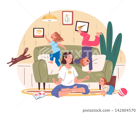 Mom meditation. Calm mother peaceful lotus pose naughty child in messy room, woman stress play kid chaos family noisy home relief exercise parenting motherhood vector illustration Mom meditation. Calm mother peaceful lotus pose naughty child in messy room, woman stress play kid chaos family noisy home relief exercise parenting motherhood vector illustration 142804570