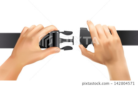 Hands plastic buckle. Realistic hand hold fastener nylon strap quick belt for bag or hiking clothes travel backpack, safety clasp rucksack 3d isolated vector illustration Hands plastic buckle. Realistic hand hold fastener nylon strap quick belt for bag or hiking clothes travel backpack, safety clasp rucksack 3d isolated vector illustration 142804571