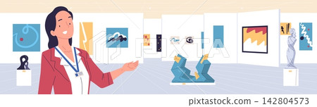 Gallery guide. Art museum exhibit woman curator, famous painting sculptures excursion tourist visitor classic culture indoor modern exhibition room interior vector illustration 142804573