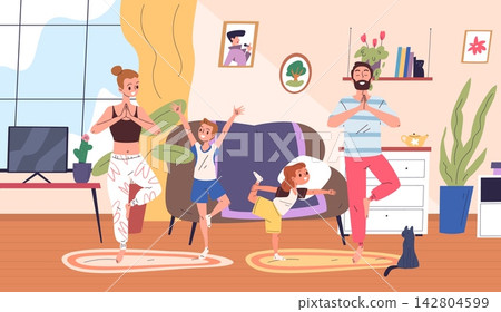 Family yoga. Parents with children do stretching exercises together home room interior, meditation relax wellness health relaxation pose morning workout scene vector illustration Family yoga. Parents with children do stretching exercises together home room interior, meditation relax wellness health relaxation pose morning workout scene vector illustration 142804599