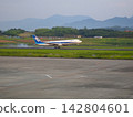 An ANA passenger plane emitting white smoke as it touches down on the runway at Takamatsu Airport (the moment of touchdown). 142804601