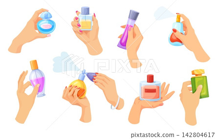 Hands hold perfume. Woman apply parfum spray on body, aromatic water in female arm natural fragrance glass bottle cologne flask rose scent pump perfumery, neat vector illustration Hands hold perfume. Woman apply parfum spray on body, aromatic water in female arm natural fragrance glass bottle cologne flask rose scent pump perfumery, neat vector illustration 142804617