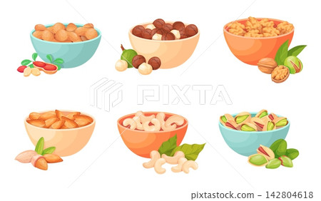 Nuts bowl. Salted nut and seeds in plate, hazelnut cashew peanut walnut almond dish diet snack pile healthy vegetarian food dry groundnut nuts mix set neat vector illustration Nuts bowl. Salted nut and seeds in plate, hazelnut cashew peanut walnut almond dish diet snack pile healthy vegetarian food dry groundnut nuts mix set neat vector illustration 142804618