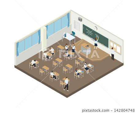 Isometric illustration: Classroom during recess (middle school students in summer uniforms) Isometric illustration: Classroom during recess (middle school students in summer uniforms) 142804748