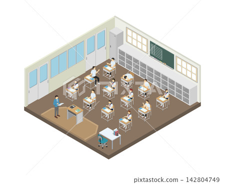 Isometric illustration: Classroom during lesson (middle school students in summer uniforms) Isometric illustration: Classroom during lesson (middle school students in summer uniforms) 142804749