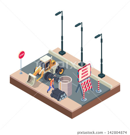 Road construction site with paver machine worker and road work ahead sign isometric vector illustration 142804874