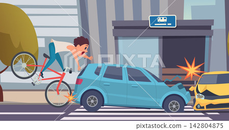 Road accident with cyclist flying over car and vehicles collision on city crosswalk cartoon vector illustration Road accident with cyclist flying over car and vehicles collision on city crosswalk cartoon vector illustration 142804875