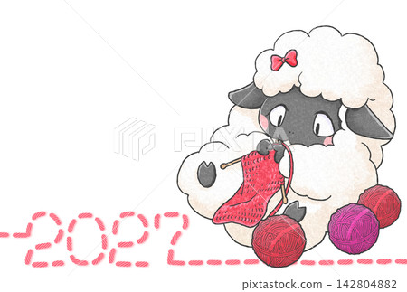 2027 年新年賀卡插圖,描繪了一隻正在織毛衣的綿羊。 2027 年新年賀卡插圖,描繪了一隻正在織毛衣的綿羊。 142804882