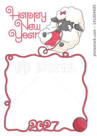2027 年新年賀卡插圖，描繪了一隻正在織毛衣的綿羊。 142804885