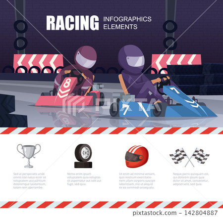 RACING INFOGRAPHICS ELEMENTS with karting racers on track trophy helmet and checkered flags vector template RACING INFOGRAPHICS ELEMENTS with karting racers on track trophy helmet and checkered flags vector template 142804887