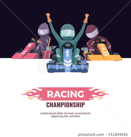 RACING CHAMPIONSHIP poster with winning karting racer raising arms and three karts vector template RACING CHAMPIONSHIP poster with winning karting racer raising arms and three karts vector template 142804892