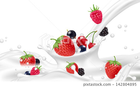 Milk splash with strawberries raspberry blackberry cherry and berries realistic vector background Milk splash with strawberries raspberry blackberry cherry and berries realistic vector background 142804895