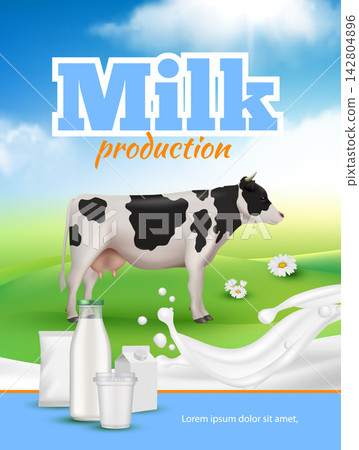 Milk production poster with dairy cow and milk products vector template Milk production poster with dairy cow and milk products vector template 142804896