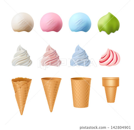 Ice cream scoops soft serve swirls and cones constructor icon set vector illustration Ice cream scoops soft serve swirls and cones constructor icon set vector illustration 142804901