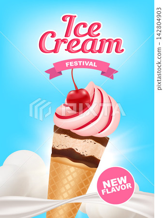Ice Cream Festival poster with waffle cone cherry and new flavor badge vector illustration 142804903