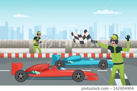 Formula racing cars crossing finish line with marshal waving checkered flag cartoon vector illustration 142804904