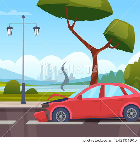 Crashed red sedan with smoking engine and broken bumper on city road cartoon vector background Crashed red sedan with smoking engine and broken bumper on city road cartoon vector background 142804909