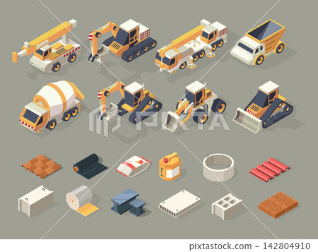 Construction vehicles and building materials isometric icon set vector illustration 142804910