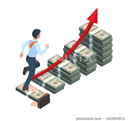 Businessman running up money stacks with growth arrow isometric vector illustration Businessman running up money stacks with growth arrow isometric vector illustration 142804913