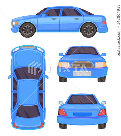 Blue sedan car front side top and rear views isolated on white vector illustration set Blue sedan car front side top and rear views isolated on white vector illustration set 142804915